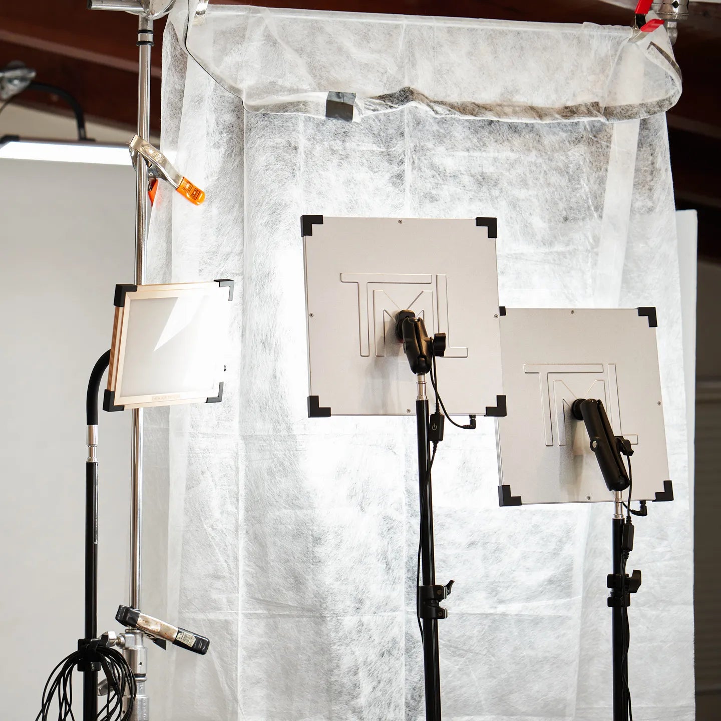 TML lighting set up for diffused light photography - two Jet Lights on Universal Arms and a Key Light standing by
