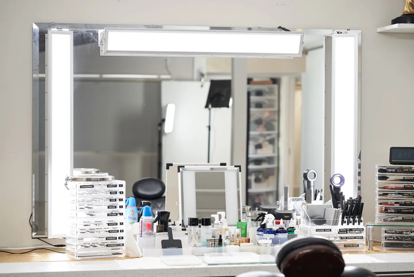 TML custom panels mounted with Magic Mounts creating a professional vanity for print work. Note that this set up does not require any drilling as the mounts are on the mirror itself