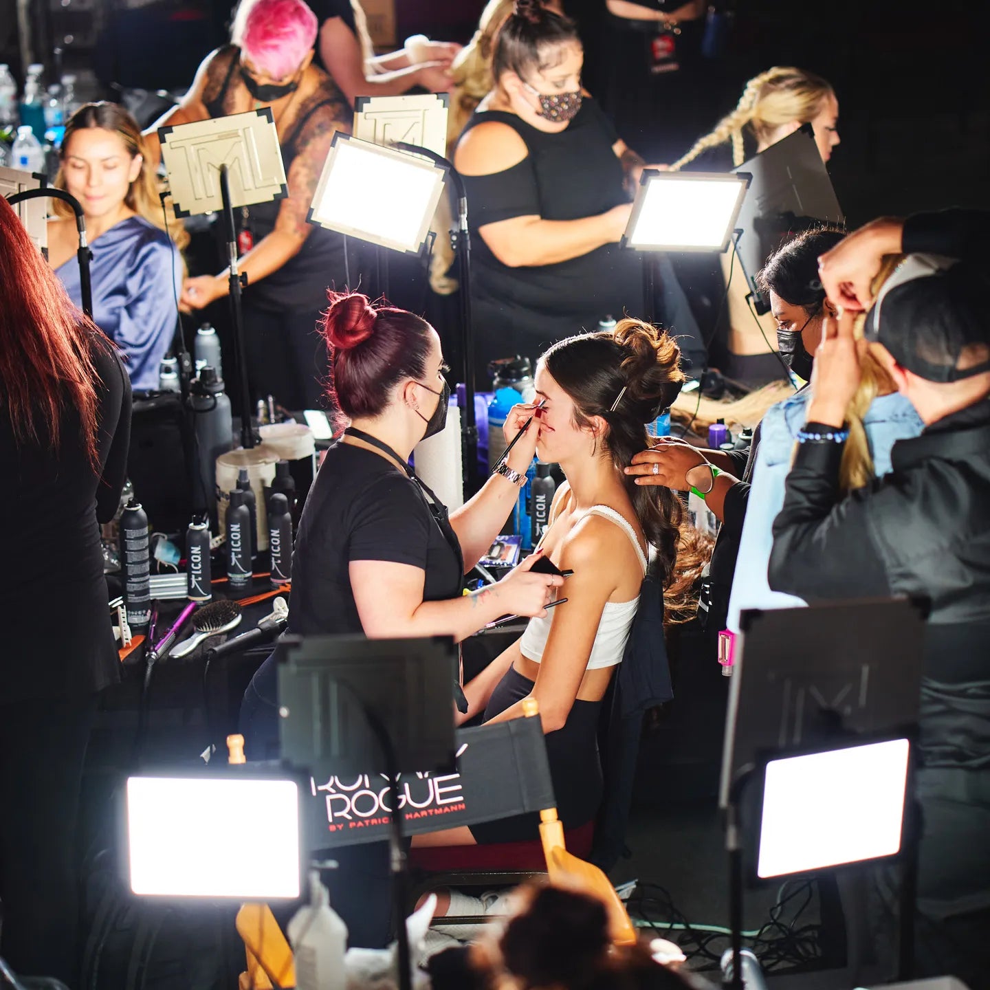 Many Key Lights set up for runway beauty backstage