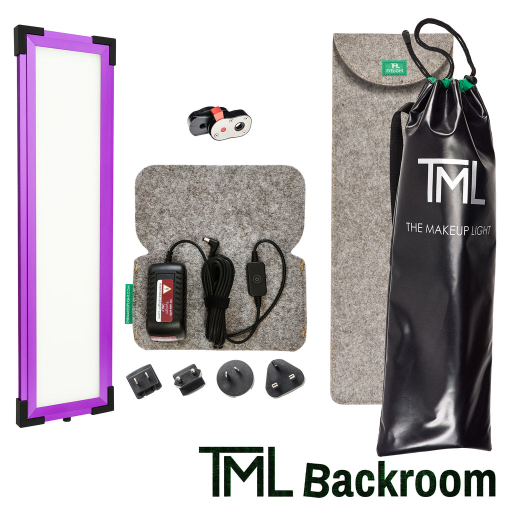 Blacklight with carry case, Power Assembly and pouches on white with "TML Backroom"