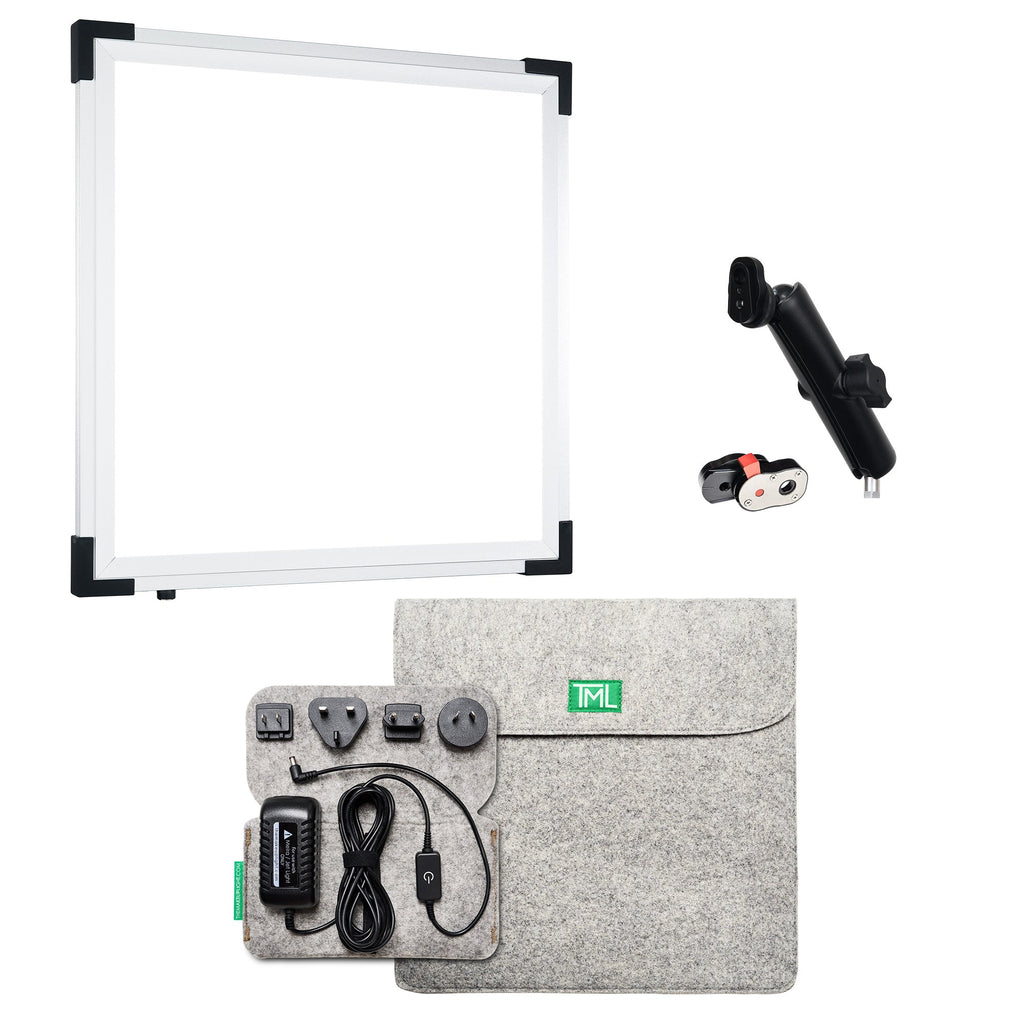 Jet Light Panel, Universal Arm, Quick Release, and Power Assembly kit on white