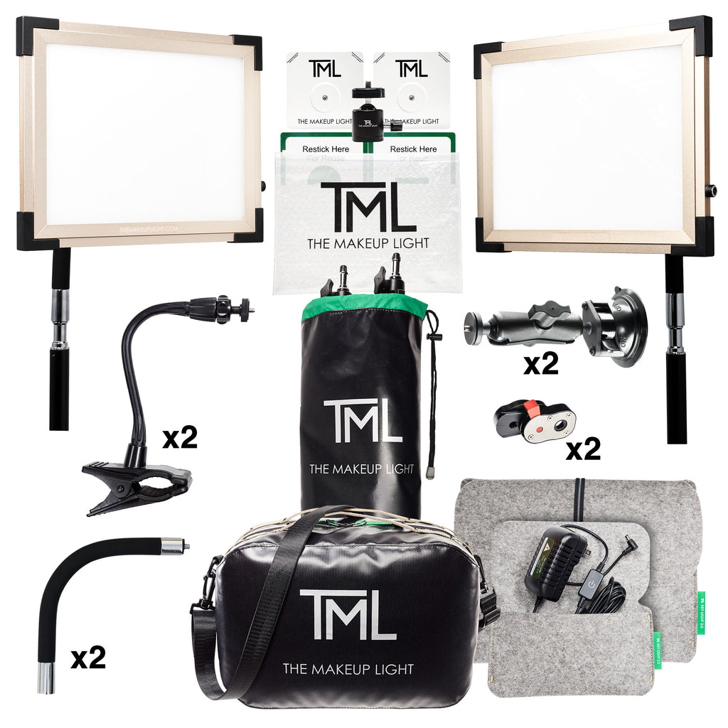 Two Gold Key Lights, Magic Mounts, Suction Mount, Quick Release, EZ Clamp, Carry bag, Power Assembly, Felt pouches, Light Stands, with "x2" next to mounts