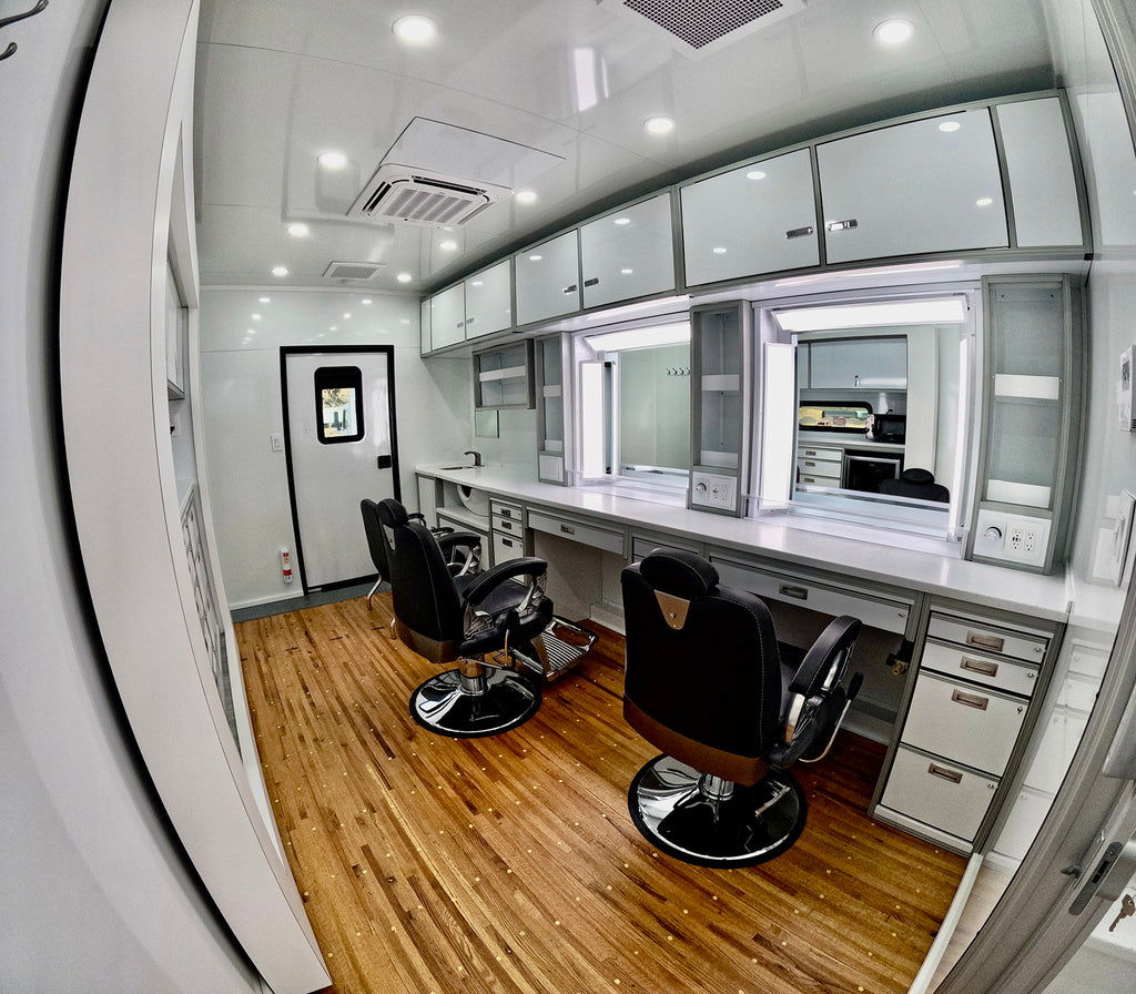 Fish eye view of two makeup stations in a GreenLite Trailer lit by The Makeup Light