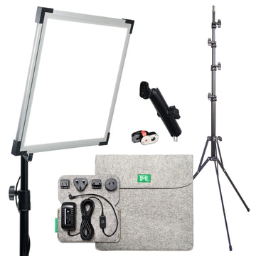 Jet Light on stand with Universal Arm, stand, Quick Release, Power Assembly, and pouches on white