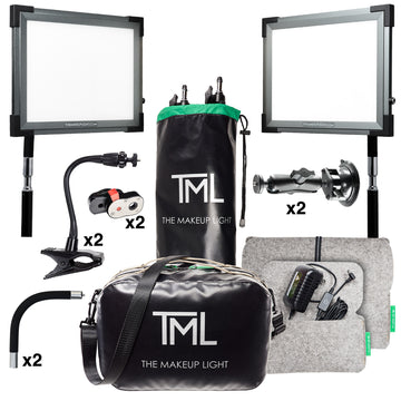 Two Graphite Key Lights, Magic Mounts, Suction Mount, Quick Release, EZ Clamp, Carry bag, Power Assembly, Felt pouches, Light Stands, with "x2" next to mounts