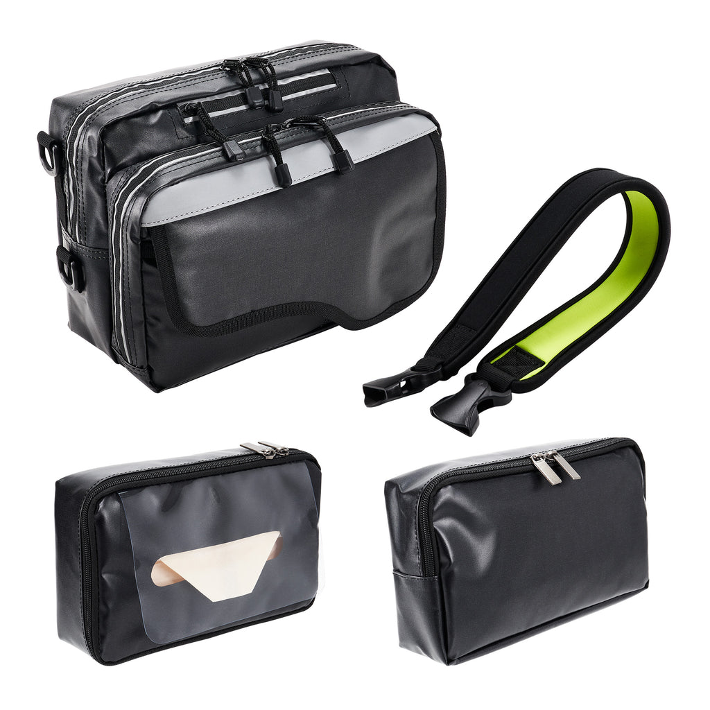 A Vivian Set Bag with all the parts set apart - Main Bag, Tissue Holder, Side Pouch, and Weight Reduction Strap with yellow band