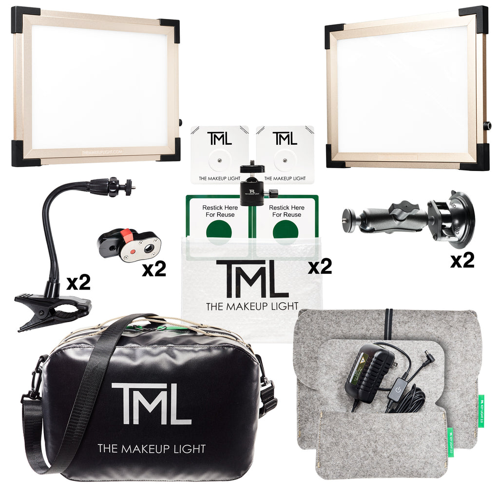 Two Gold Key Lights, Magic Mounts, Suction Mount, Quick Release, EZ Clamp, Carry bag, Power Assembly, Felt pouches, with "x2" next to mounts